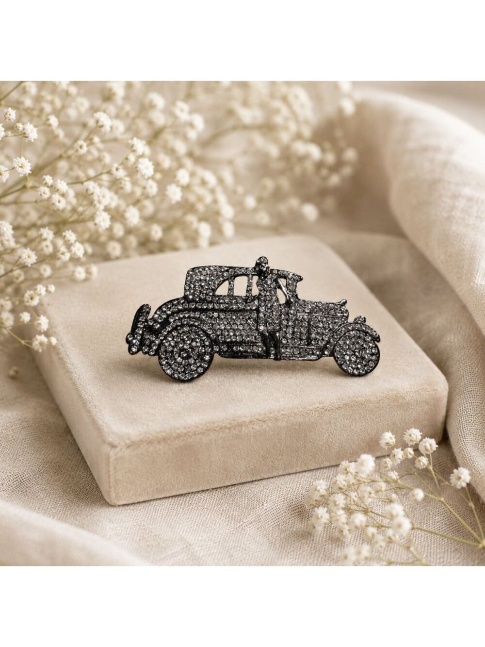 Vintage Rhinestone Automobile Brooch Art Deco Car Silver Tone Gatsby Fashion Pin